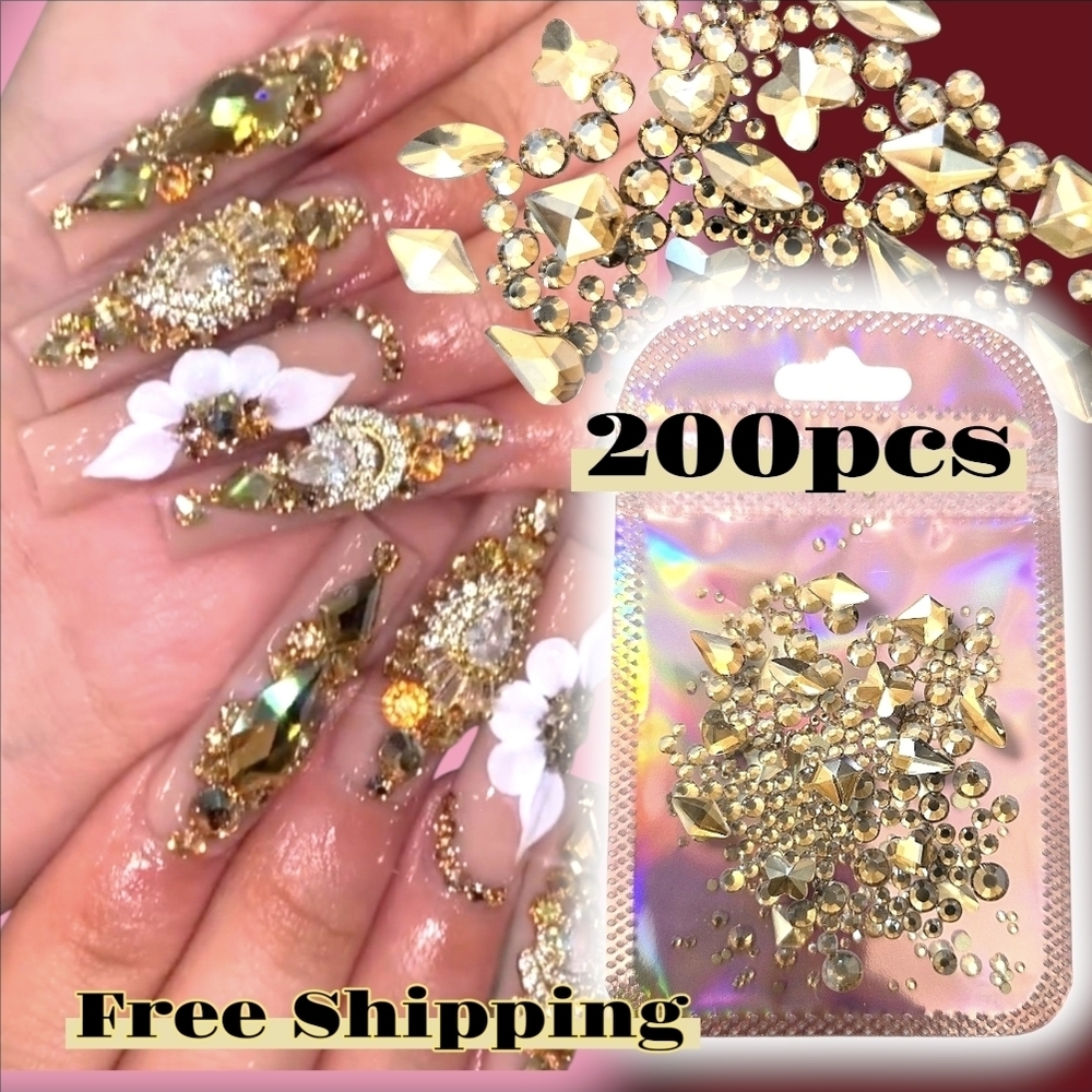 200 Pcs Gold Nail Art Rhinestones 3D Charms, Jewelry, DIY